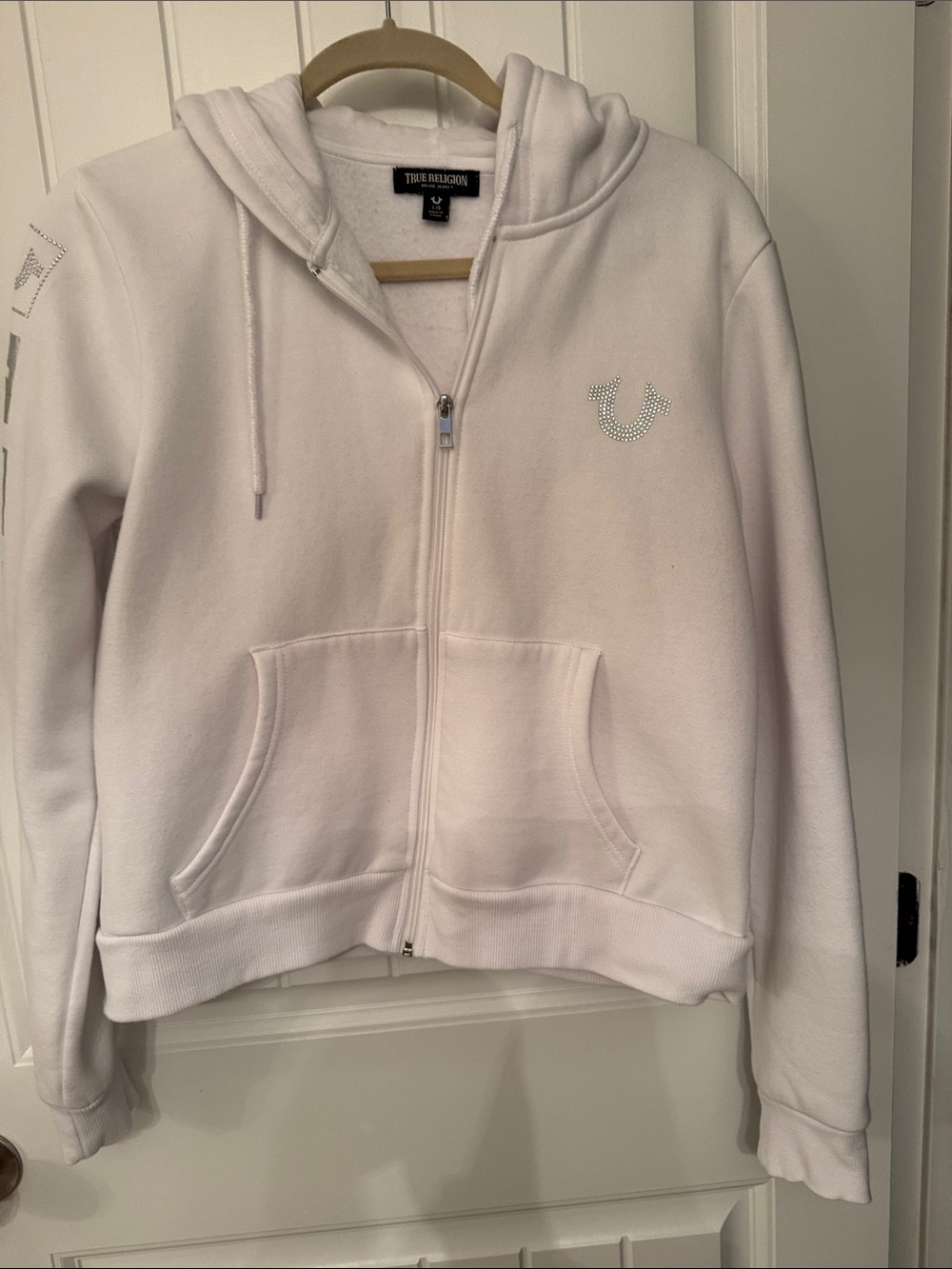 True Religion White Rhinestone Logo Zip Hoodie